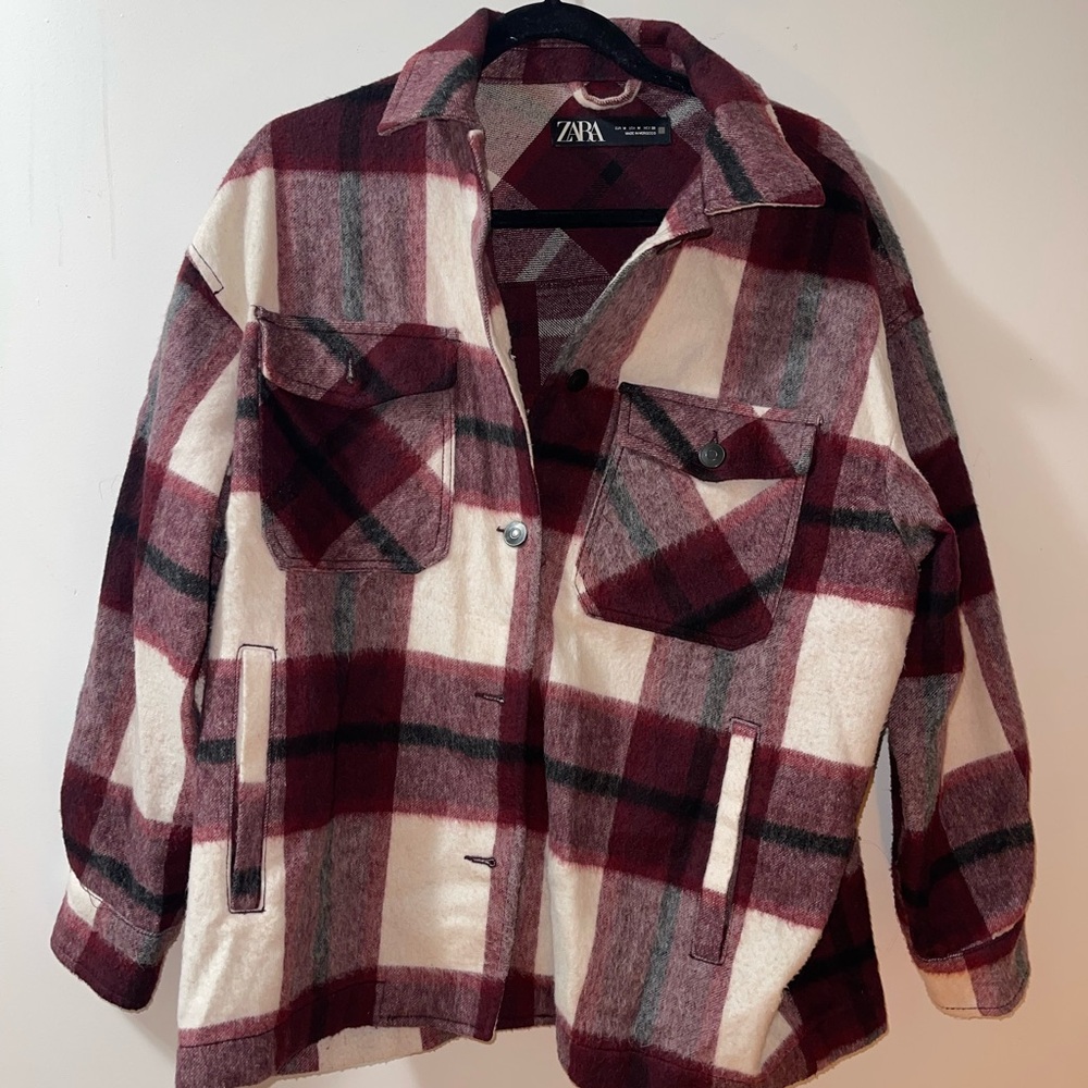 Zara Women's Burgundy and Cream Plaid Utility Jacket